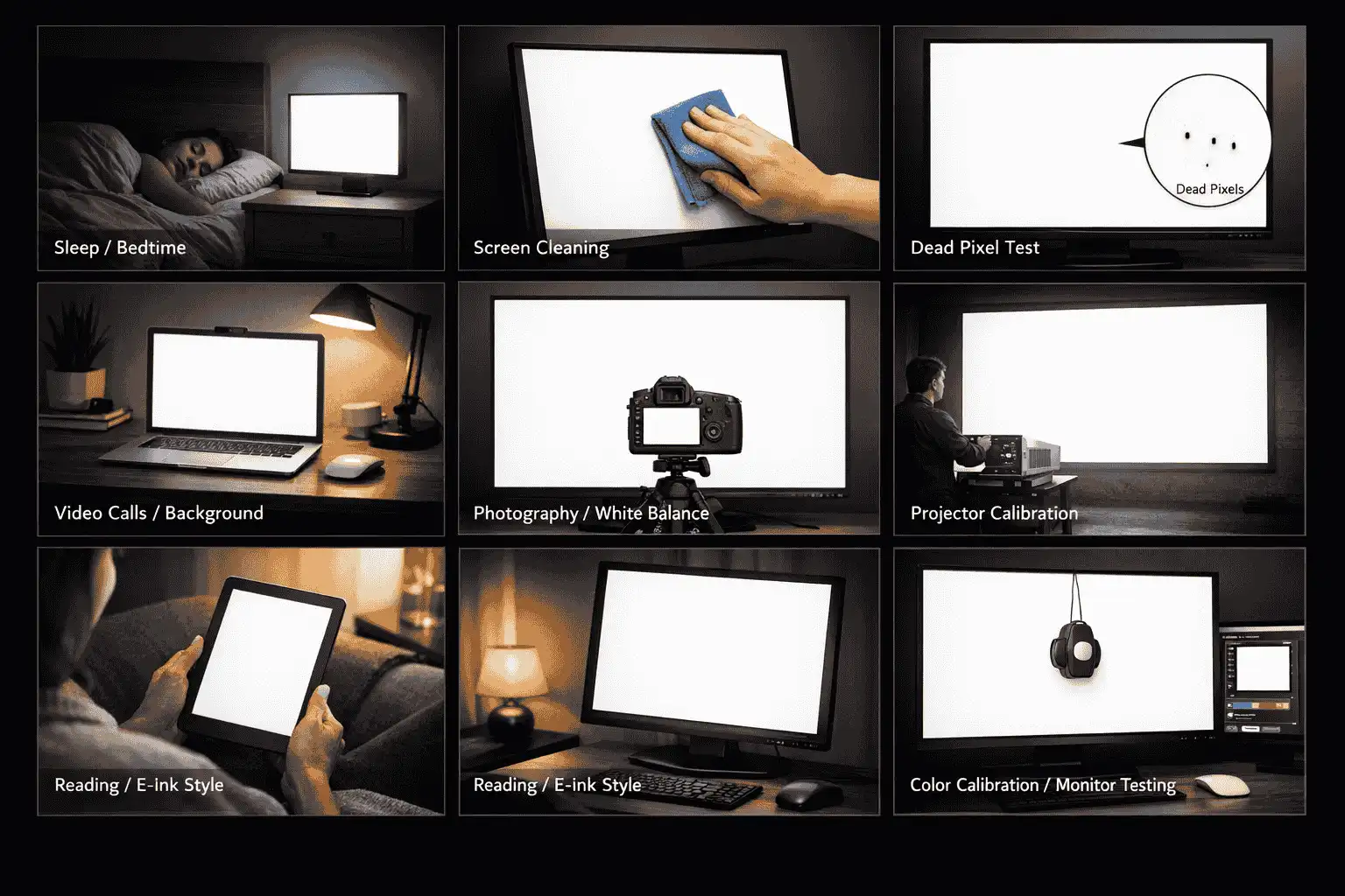 Collage showing eight different applications of fullscreen white screen including sleep, cleaning, and video calls