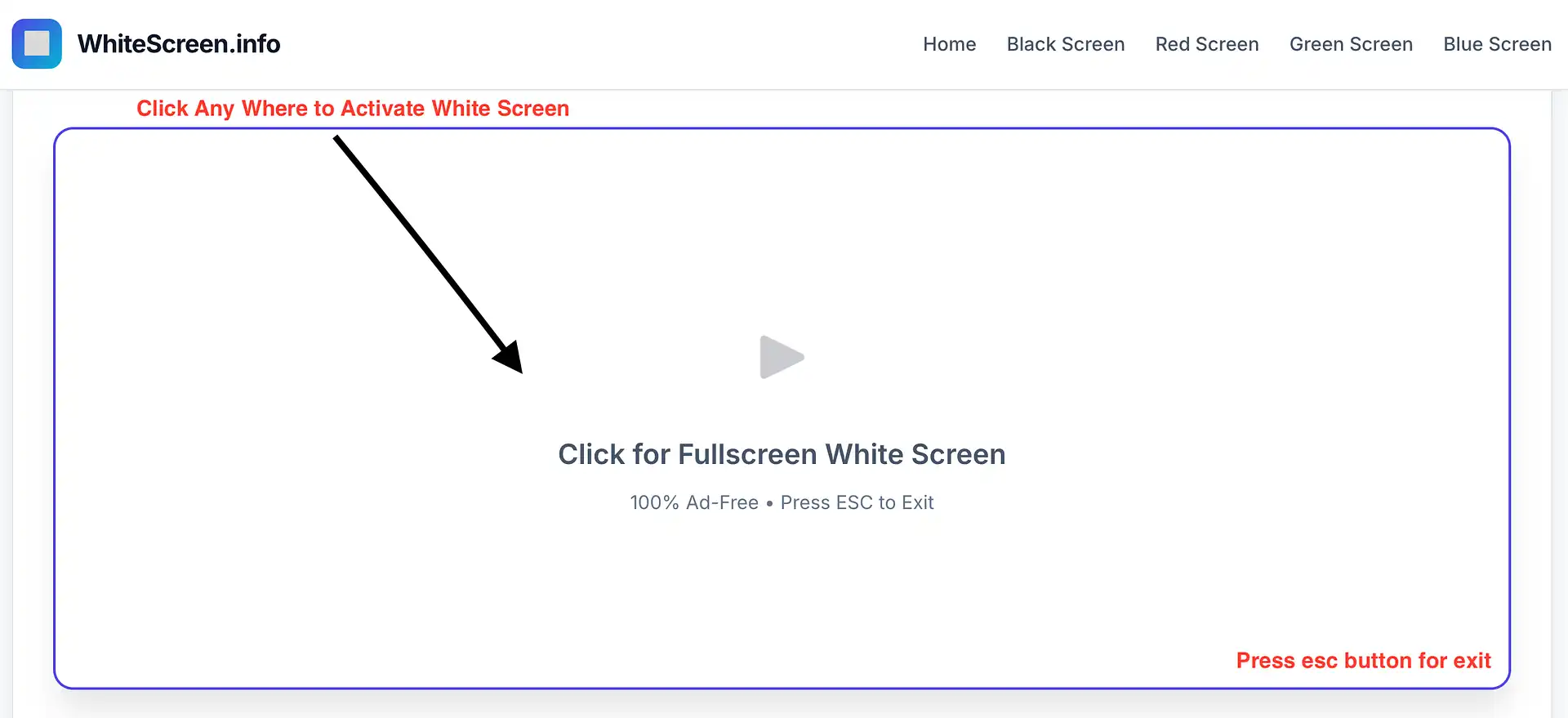Step-by-step screenshots showing how to activate fullscreen white screen on Whitescreen.info