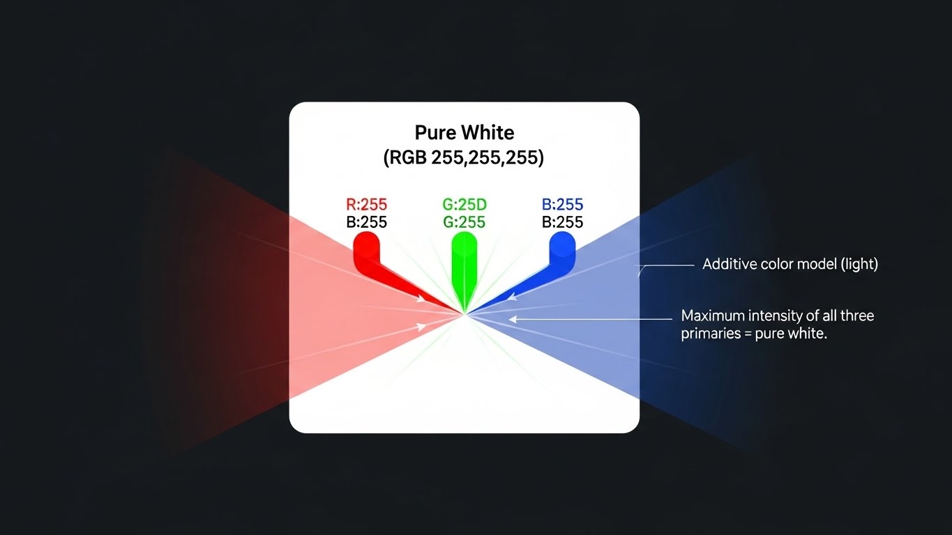 Diagram showing RGB color values at maximum creating pure white light on digital display