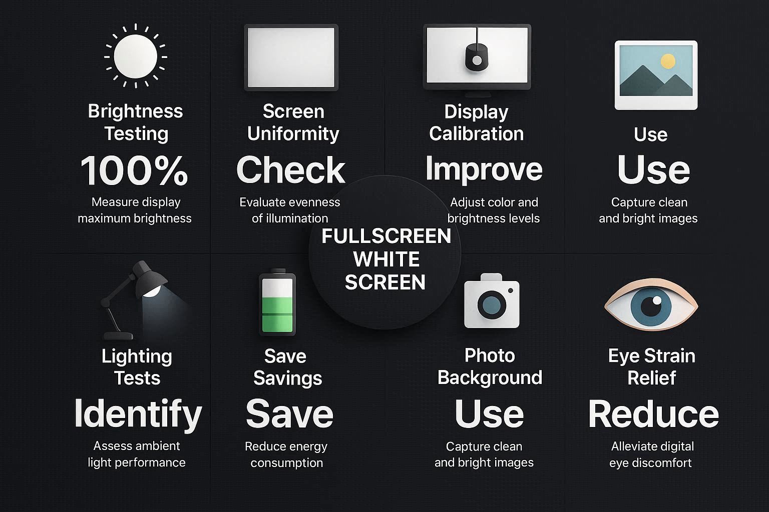 Infographic showing statistics and benefits of eight white screen applications